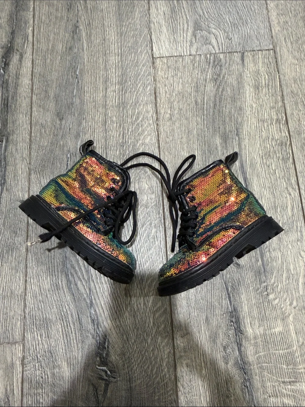 • Lola and the Boys • Girls Sparkly Sequin Combat Boots Black and Gold 8